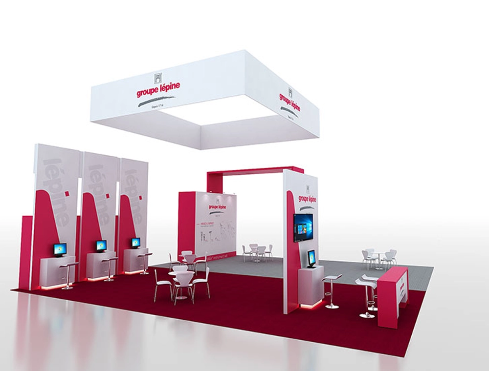 40x40 exhibit with modular product demo stations